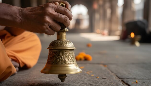 Detail of traditional brass bell ringing in the hands of a Hindu monk during the sacred Ratha Yatra festival worship ritual for spiritual lifestyle concept