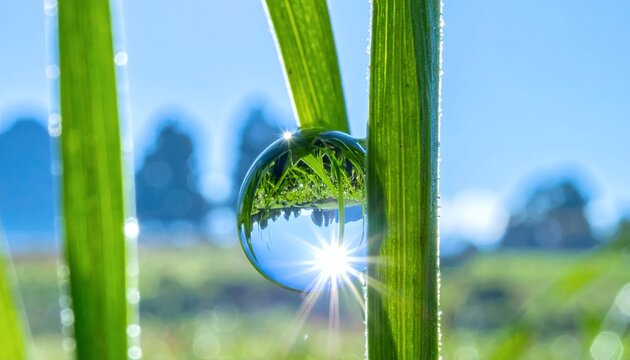 Macro shot of a dewdrop on grass reflecting sunlight and landscape.