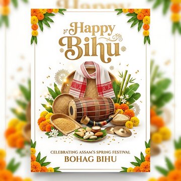 Happy Bihu festival greeting poster. Traditional Assamese spring harvest celebration design.
