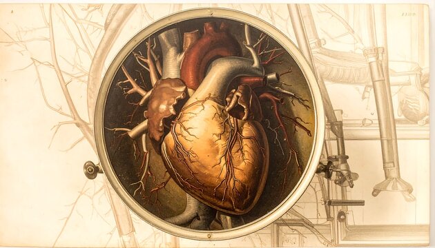 Intricate Antique Anatomical Depiction of a Human Heart Suspended Within a Magnifying Portal Showcasing Biological Marvels and Historical Medical Understanding.