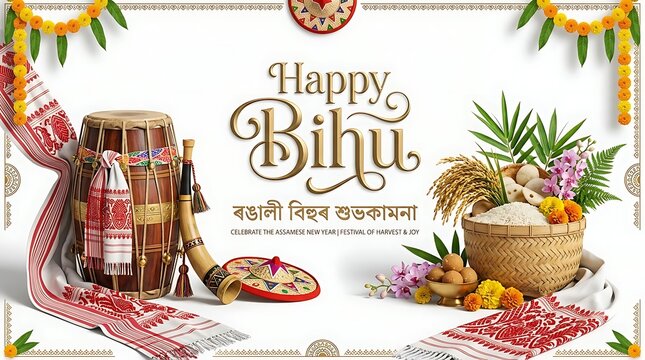 Happy Bihu festival greeting card. Traditional Assamese celebration with dhol and gamosa.