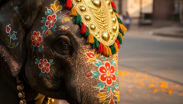 Close-up of beautifully decorated elephants walking during traditional ratha yatra festival parade for Indian culture and heritage concept
