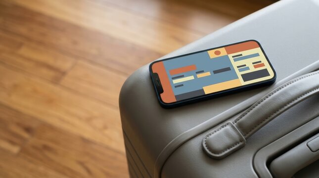 Mobile boarding pass displayed on smartphone resting on suitcase