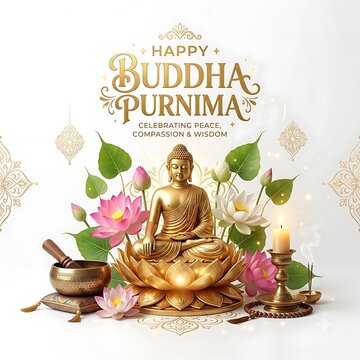 Buddha Purnima festival greeting card. Golden Buddha statue with lotus flowers and candles.