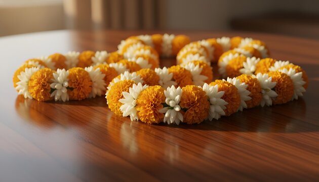 Close up of vibrant marigold and jasmine flower garlands arranged on a wooden table for traditional Ratha Yatra Hindu festival celebration concept