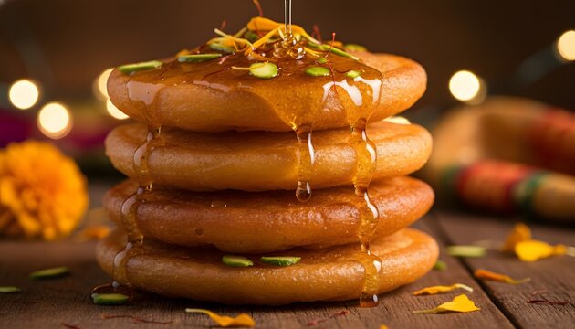 Close up of sweet malpua dessert dripping with syrup during ratha yatra festival celebration for traditional Indian food culture concept