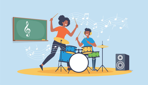 Music student and instructor practice playing on a drum set in a school classroom with musical notes floating near a green chalkboard.