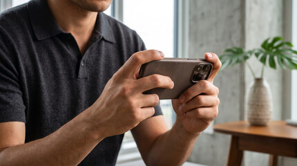 Fototapeta premium Close-up of a young tan-skinned man in a black polo playing a mobile game on a smartphone at home, ideal for gaming apps, technology, digital entertainment and lifestyle design.