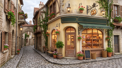 Naklejka premium Overcast Afternoon in Narrow European Cobblestone Alley