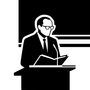 Male attorney carrying a briefcase while walking toward courthouse steps, black and white vector silhouette