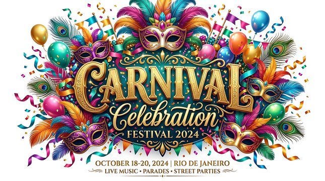 Carnival festival poster design. Vibrant masquerade party invitation with colorful masks.