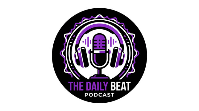Round podcast logo with microphone and headphones