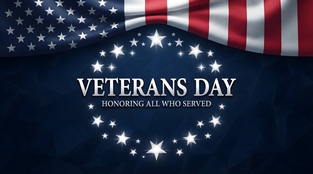 Veterans day greeting card design with a waving american flag and a circle of glowing white stars
