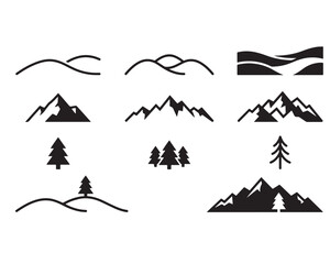 Fototapeta premium Collection of mountain landscape and pine tree silhouette icons