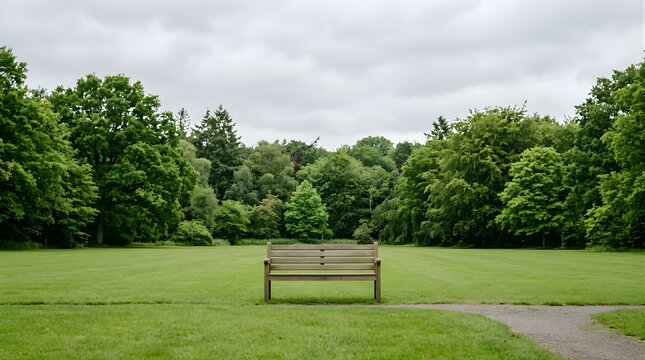 Empty wooden bench on a green park lawn under a cloudy sky