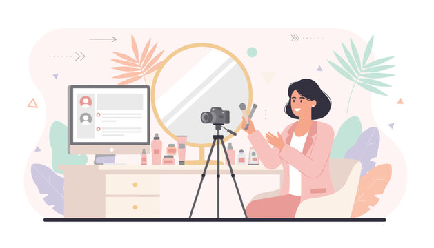 Beauty blogger records a makeup tutorial video for followers using a professional camera on a tripod and a computer in her home studio.