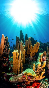 Sunlight Illuminates Vibrant Coral Reef Ecosystem Underwater.