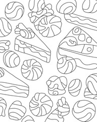 Obraz premium Sweet dessert coloring page featuring delicious cake slices and assorted round candies for creative coloring fun
