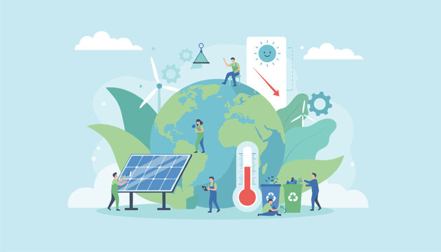 Team of dedicated environmentalists implement renewable energy solutions and recycling practices to combat rising temperatures across the fragile globe.