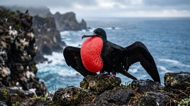Magnificent frigatebird with inflated red pouch on rocky coastline