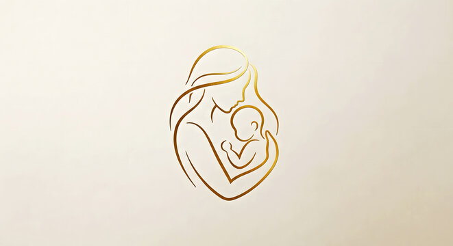 Motherhood Symbol: An elegant golden line art depicts a mother cradling her newborn baby, symbolizing love, tenderness, and the bond of family.