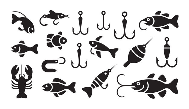 Fishing lure and hook silhouettes with lobster and bait fish variety for sport fishing.