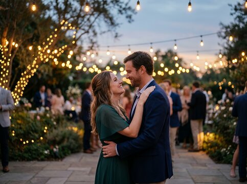 Couple dancing outdoors at night with string lights.