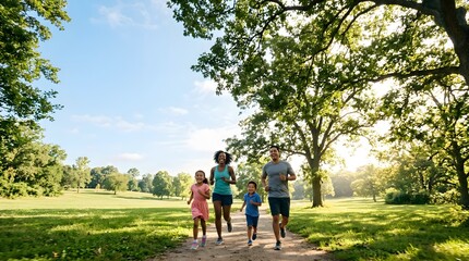 Fototapeta premium Happy Family Running Together on a Sunny Park Trail