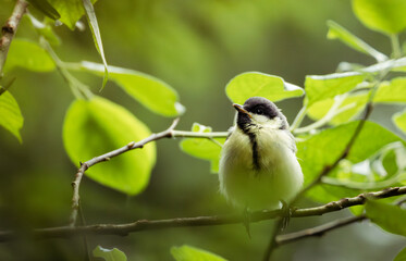 Great tit perched on a leafy tree branch in Tyrol © Florian