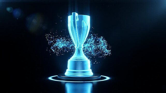 Glowing blue holographic trophy rotating in dynamic digital motion footage for a professional sports award animation