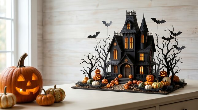 Spooky Halloween Haunted Mansion Miniature Diorama with Carved Pumpkins and Flying Bats