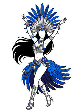 Full-body stylized vector illustration of a carnival samba dancer in vibrant blue and silver costume with peacock feather headdress on pure white background