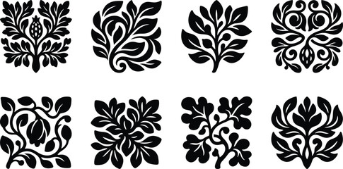 Obraz premium Vintage floral ornamental motifs set featuring decorative black leaf scrollwork and natural emblems