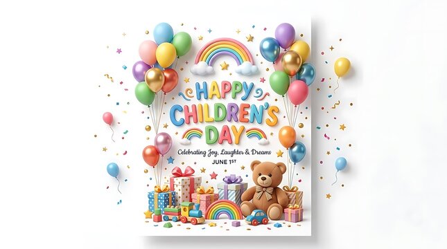 Happy Childrens Day poster with balloons. Festive greeting card design with teddy bear.