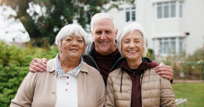 Happy, outdoor and face of senior people with positive attitude for bonding, connection or relax. Smile, group and portrait of elderly friends in nature for calm, good mood or peace in backyard.