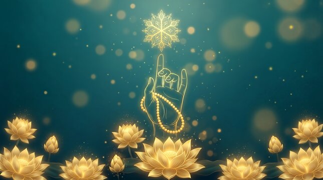 Golden Luminous Lotus Flowers and Spiritual Hand Gesture with Snowflake Ornament