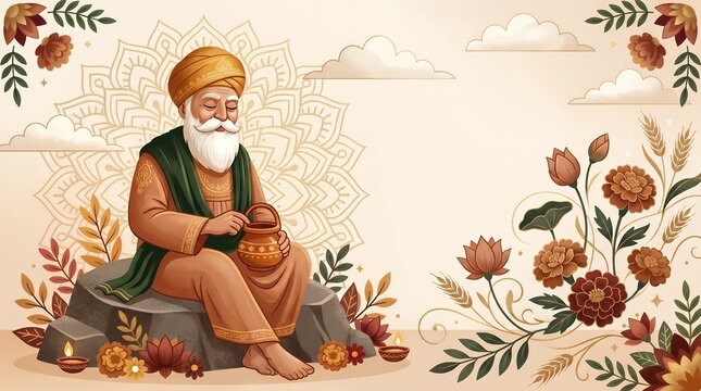 Elderly Spiritual Man Holding Pot with Decorative Mandala and Floral Elements Background