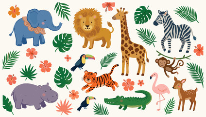 Naklejka premium Colorful jungle safari collection featuring elephant, lion, giraffe, zebra, tiger, flamingo, and crocodile.