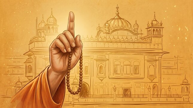 Traditional Spiritual Hand Holding Prayer Beads in Front of Intricate Architectural Temple Design