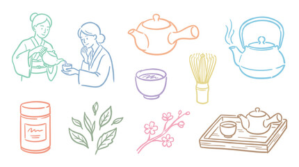 Obraz premium Japanese tea ceremony elements, traditional beverage culture icons, and related items are beautifully illustrated in a minimalist line art style.