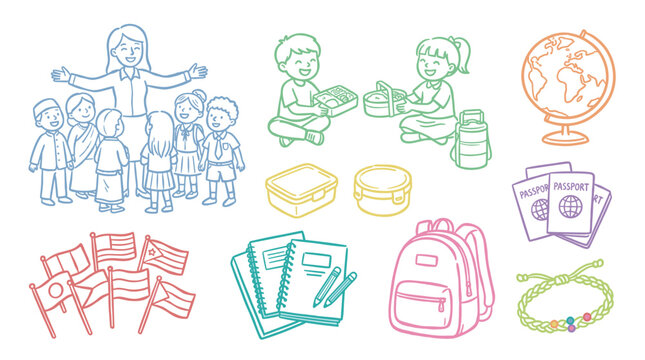 Happy diverse children and teacher with global education symbols like flags, passports, and school items promoting multicultural learning.