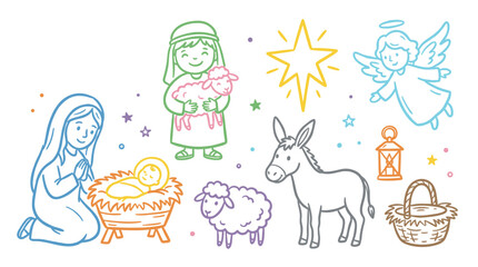 Fototapeta premium Colorful Nativity scene elements featuring Mary, Baby Jesus, shepherd, angel, and various animals depicted in a charming simple outline style.