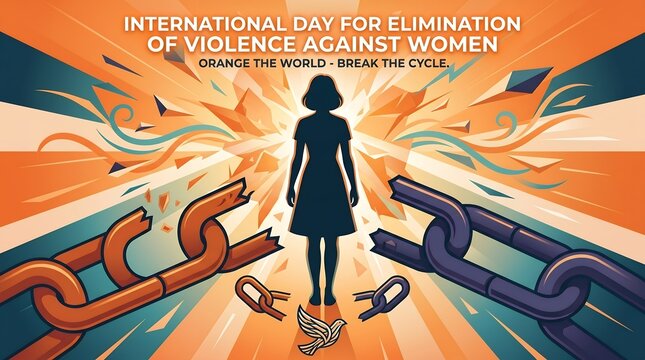 Stylized Silhouette Woman Breaking Chains Symbolizing Freedom and Peace for International Day