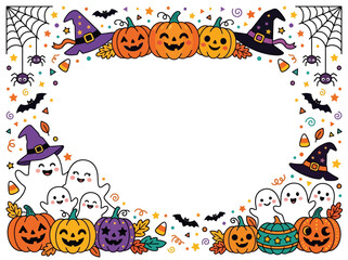 Fototapeta premium Cute Ghost Family and Halloween Pumpkins Border Frame Illustration on a White Background for Holiday Greeting Cards
