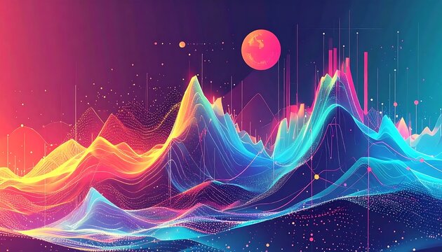 Vibrant abstract digital art with cosmic elements and mountains.