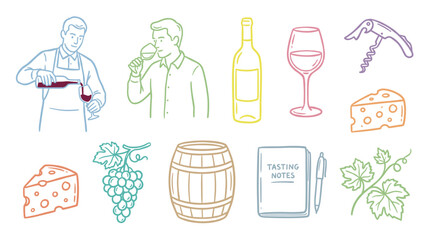 Obraz premium Wine tasting elements and related objects are depicted in a vibrant collection of hand-drawn outline illustrations, perfect for beverage and culinary themes.