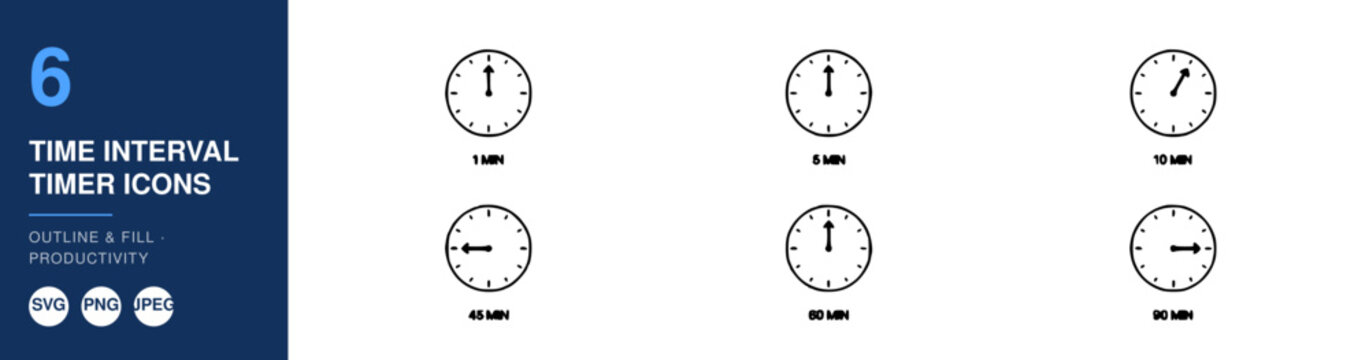 Time Interval Timer Icons Set with Digital Displays and Circular Clock Faces. Conceptual Illustration for Scheduling and Timing.