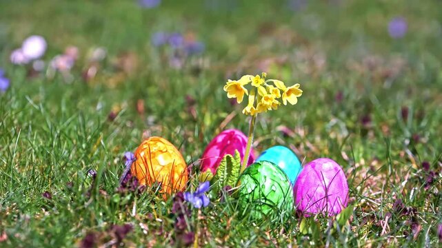 Colorful Easter Eggs Hidden in Green Grass with Spring Flowers