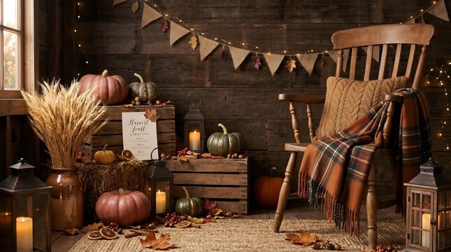 Cozy Autumn Harvest Scene with Pumpkins, Lanterns, and Warm Blanket on Wooden Chair