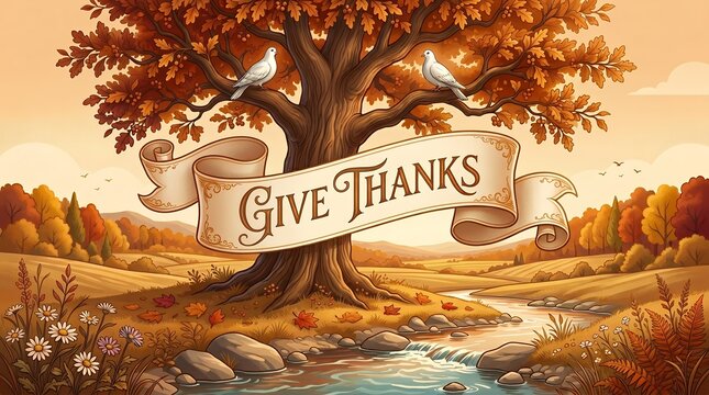 Warm Autumn Landscape With A Grand Old Oak Tree And A Banner Saying Give Thanks